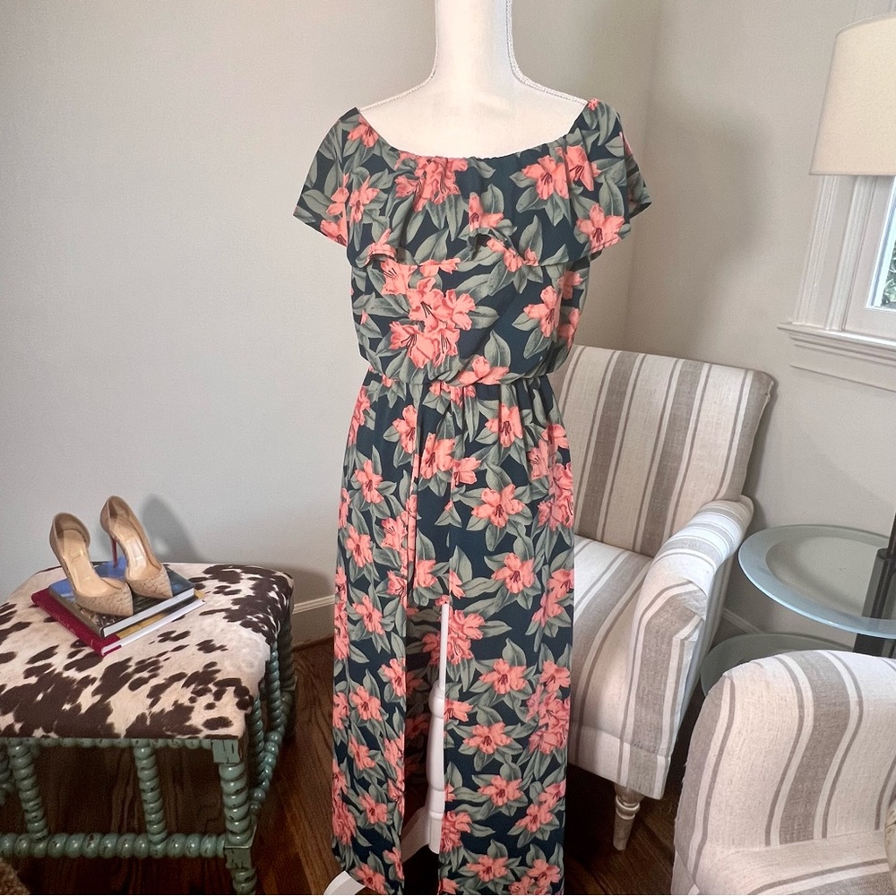 AURA tropical green print dress pink tropical flowers perfect vacation dress